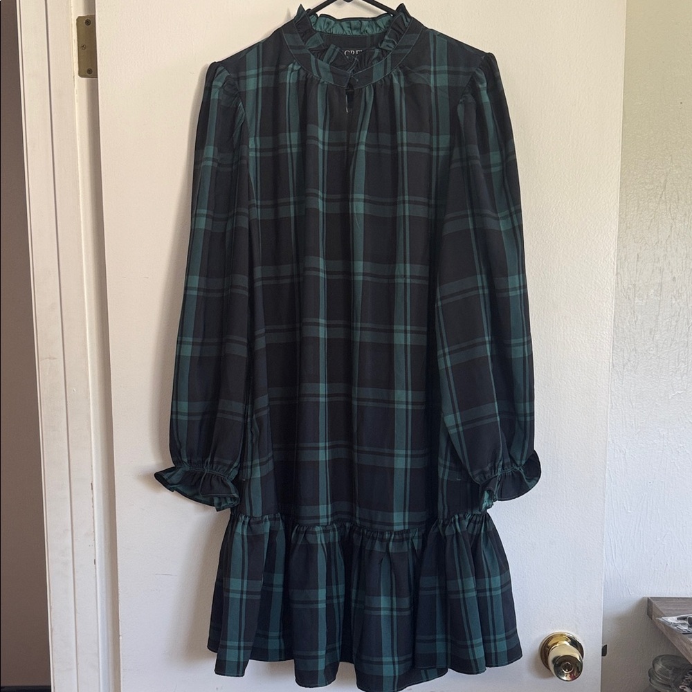 J.Crew Plaid Ruffle Hem Long Sleeve Dress - Black & Dark Green